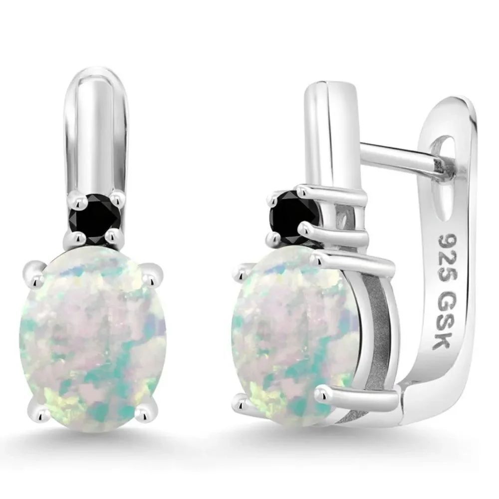 925 Sterling Silver with 3.33 Cttw White Opal and Black Diamond Oval Earrings